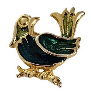 Blue Green Enamel Gold Tone Small Bird Pin L232